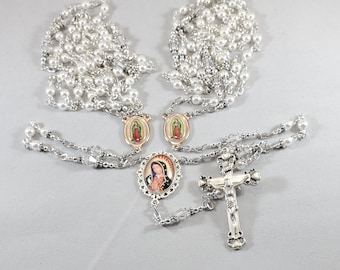 Wedding Lasso Rosary Lazo de Boda Lady Guadalupe Centers Ornate Bust Lady Guadalupe White Czech Pearls Clear Bicone Crystal 4 Heart Crucifix