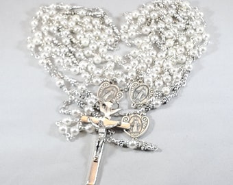 Wedding Lasso Rosary Lazo de Boda Miraculous Heart Shape Centers White Czech Glass Pearls Dove Crucifix Pinned Construction 53.5"