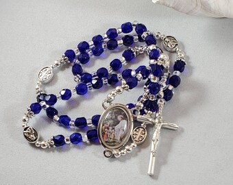 Jesus with Children Color Center Rosary Cobalt Blue Czech Fire Polished Crystal Beads Oval Immaculate Heart / Cross Paters Standard Crucifix