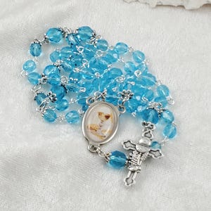 1st Communion Chalice Color Center Rosary Lt. Aqua Czech Fire Polished Crystal Beads Grapes & Wheat 1st Communion Cross Pinned 19.5&quot;