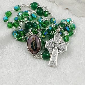 St. Patrick /  Crown of Thorns Rosary Lt. Emerald Aurora Borealis Aves Green Jade Paters Celtic Cross Pinned 19.75&quot;