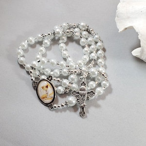 First Communion Oval Color Chalice Center Rosary White Czech Glass Pearls Clear Czech Crystals Grapes & Wheat First Communion Cross 16.5&quot;