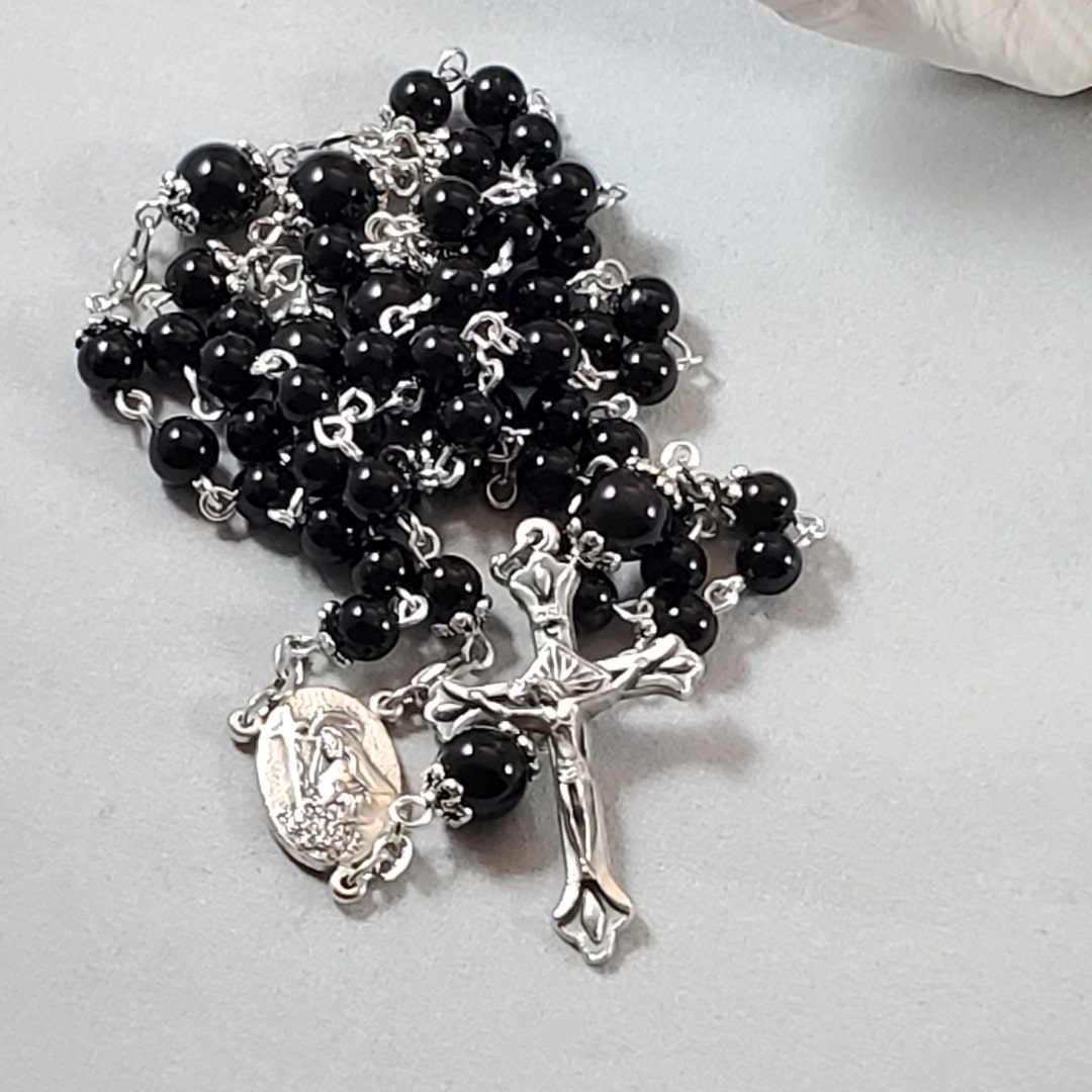 St. Rita Rosary Beads Black Onyx Beads Silver Finish Chain Tear Drop ...