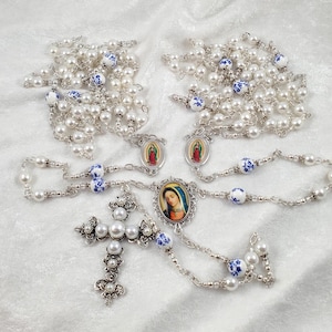Wedding Lasso Lazo de Boda Lady Guadalupe + Ornate Guadalupe Bust Centers White Czech Pearl Aves Winter Flower Porcelain Paters Pearl Cross