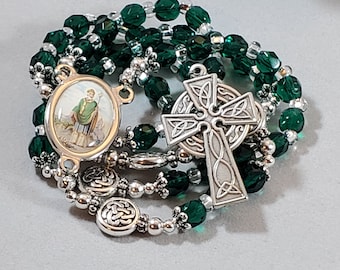 St. Patrick Color Center Rosary Emerald Green Czech Fire Polished Crystal Aves Celtic Knot Paters Celtic Cross 16.75"