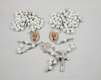 Wedding Lasso Rosary Lazo de Boda Ornate Lady Guadalupe + Miraculous Heart Shape Centers White Czech Glass Pearls Jesus with Angels Crucifix