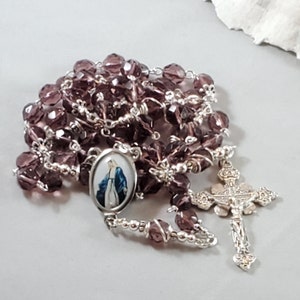 Lady of Sorrows Color Center Large Rosary Dark Amethyst Czech Fire Polished Crystals Wire Wrapped Paters Baroque Crucifix Pinned 26.5"