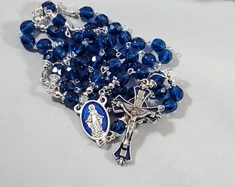Miraculous Rosary Blue Enamel Inlay Dark Aqua Czech Fire Polished Crystal Beads Wire Wrapped Paters Large Beads Blue Enamel Inlay  Crucifix