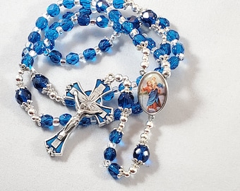 St. Christopher / Crown of Thorns Color Center Rosary Dark Aqua Czech Fire Polished Crystal Beads Blue Enamel Inlay Classic Crucifix 17.25"