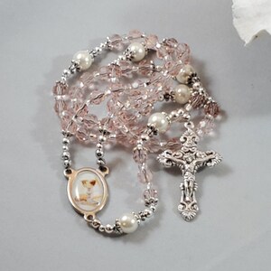 Girl&#39;s 1st Communion Color Chalice Center Lt. Rose Czech Fire Polished Crystal Aves Ivory Czech Glass Pearl Paters Filigree Crucifix 17&quot;