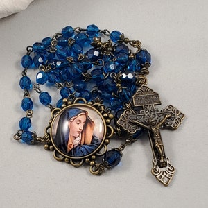 Sorrowful Mother Ornate Color Center Rosary Antique Brass Finish Dark Aqua Czech Fire Polished Crystal Beads Pardon Crucifix Pinned 20.75&quot;