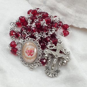 Ornate Sacred Heart Color Center Rosary Large Siam Red Czech Fire Polished Crystals Double Caps Scrollwork Crucifix 27.5&quot;