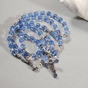 1st Communion Double Sided Chalice Center Rosary Lt. Sapphire Czech Fire Polished Crystals Oak & Grape Blue Enamel Inlay Chalice Cross
