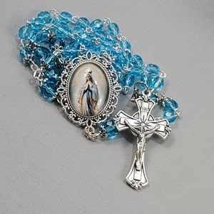 Ornate Mary Queen of Heaven Rosary Beads Light Aqua Czech Fire Polished Crystal Beads Classic Crucifix Pinned 20.25&quot;