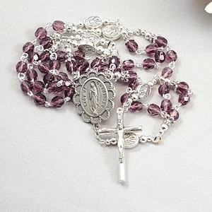 Lady of Guadalupe Scallop Center Rosary Amethyst Czech Crystal Aves Lady Guadalupe Paters Standard Crucifix Pinned Construction 23.5&quot;