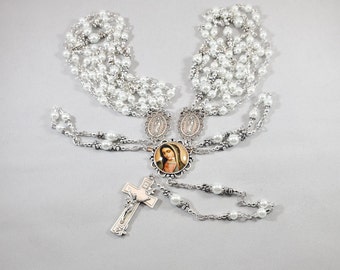 Wedding Lasso Rosary Lazo de Boda Scallop Lady of Guadalupe Centers + Round Color Center White Czech Glass Pearls Lilly Crucifix Pinned