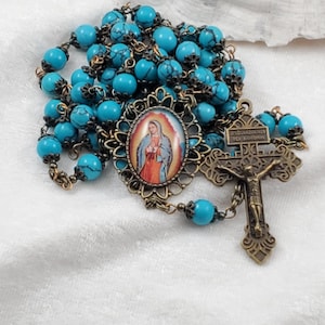 Lady of Guadalupe Rosary Beads Antique Brass Finish Color Center Stabilized Turquoise Large Beads Pardon Crucifix Pinned Construction 29.25&quot;