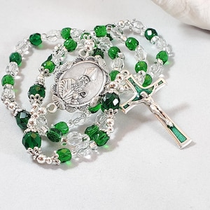 St. Patrick Scallop Center Rosary Emerald Green + Clear Czech Fire Polished Crystals Green Enamel Inlay Traditional Crucifix 17&quot;
