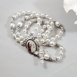 Girl&#39;s 1st Communion Color Center Rosary White Czech Glass Pearls Clear Czech Crystals Oak & Grape Cross 17&quot;