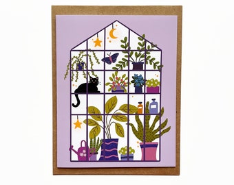 Witchy Greenhouse Card, Greenhouse Cards, Plant Cards, Cats and Plant Cards, Cat Cards, BFF Cards, Thinking of you Cards, Magical Card