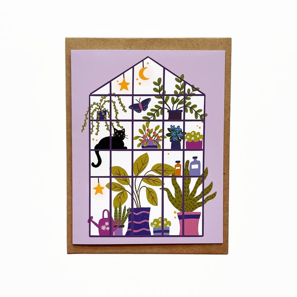 Witchy Greenhouse Card, Greenhouse Cards, Plant Cards, Cats and Plant Cards, Cat Cards, BFF Cards, Thinking of you Cards, Magical Card