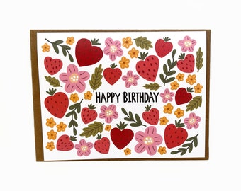 Strawberry Birthday Card, Birthday Cards, Friend Birthday Card, Cards For Her, Mom Birthday Card, Strawberry Cards, Botanical Birthday