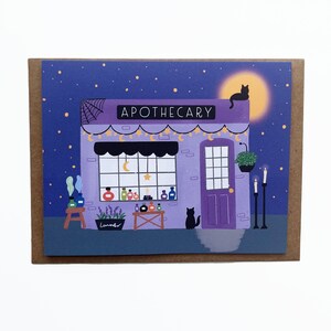 May include: A whimsical illustration of an apothecary shop at night. The shop is purple with a black cat on the roof and a full moon in the background. The word "APOTHECARY" is above the shop's entrance. The shop has a window with various bottles and jars.