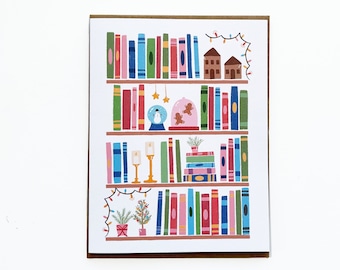 Carte de bibliothèque pour les fêtes, Cartes douillettes, Carte pour amoureux des livres, Cadeaux livres, Livre de Noël, Cadeau livre de Noël, Lecture de Noël, Étagère de Noël
