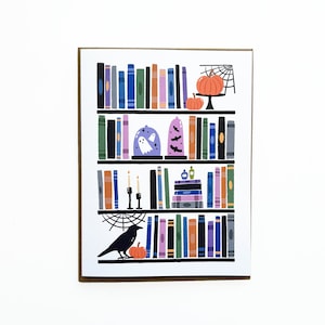 Tarjeta de biblioteca de Halloween, tarjetas acogedoras, tarjeta para amantes de los libros, regalos de libros, libros de Halloween, regalo de libros de otoño, lectura de Halloween, estantería de libros de Halloween