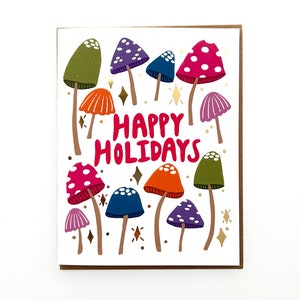 Biglietto di auguri con fungo in lamina d'oro per le feste, Natale con funghi, biglietti di auguri carini per le feste, biglietti di auguri scintillanti, biglietti per gli amici, biglietto di auguri