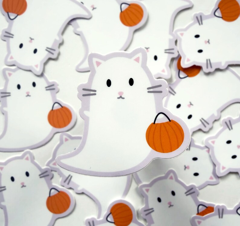 Cat Ghost Sticker, Halloween Stickers, Ghost Stickers, Cat Stickers, Cat Halloween, Fall Stickers, Cat Lover Gift, Cat gifts image 1