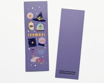 May include: Two purple bookmarks. One features illustrations of a witch's hat, potion bottles, a crystal ball, and phases of the moon. The other bookmark is solid purple. Text on the back reads "CREATED BY KIEGSIE DESIGNS KIEGSIEDESIGNS.ETSY.COM."