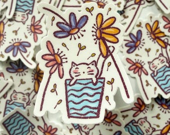 Cat Flower Pot Sticker, Cute Cat Stickers, Gardening and Cats, Cat Lover, Cat and Flowers, Garden Stickers, Cat Garden, Cute Stickers