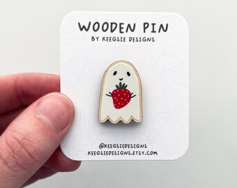 Strawberry Ghost Pin, Halloween Pins, Ghost Pins, Halloween Gifts, Strawberry Pins, Small Gifts, Wooden Pins, Cute Ghost Gift