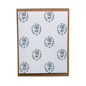 Tarjeta de zinnias azules y rayas, tarjeta de Nueva Inglaterra, tarjetas de flores, tarjeta de cabaña, tarjetas pintorescas, tarjetas de jardín