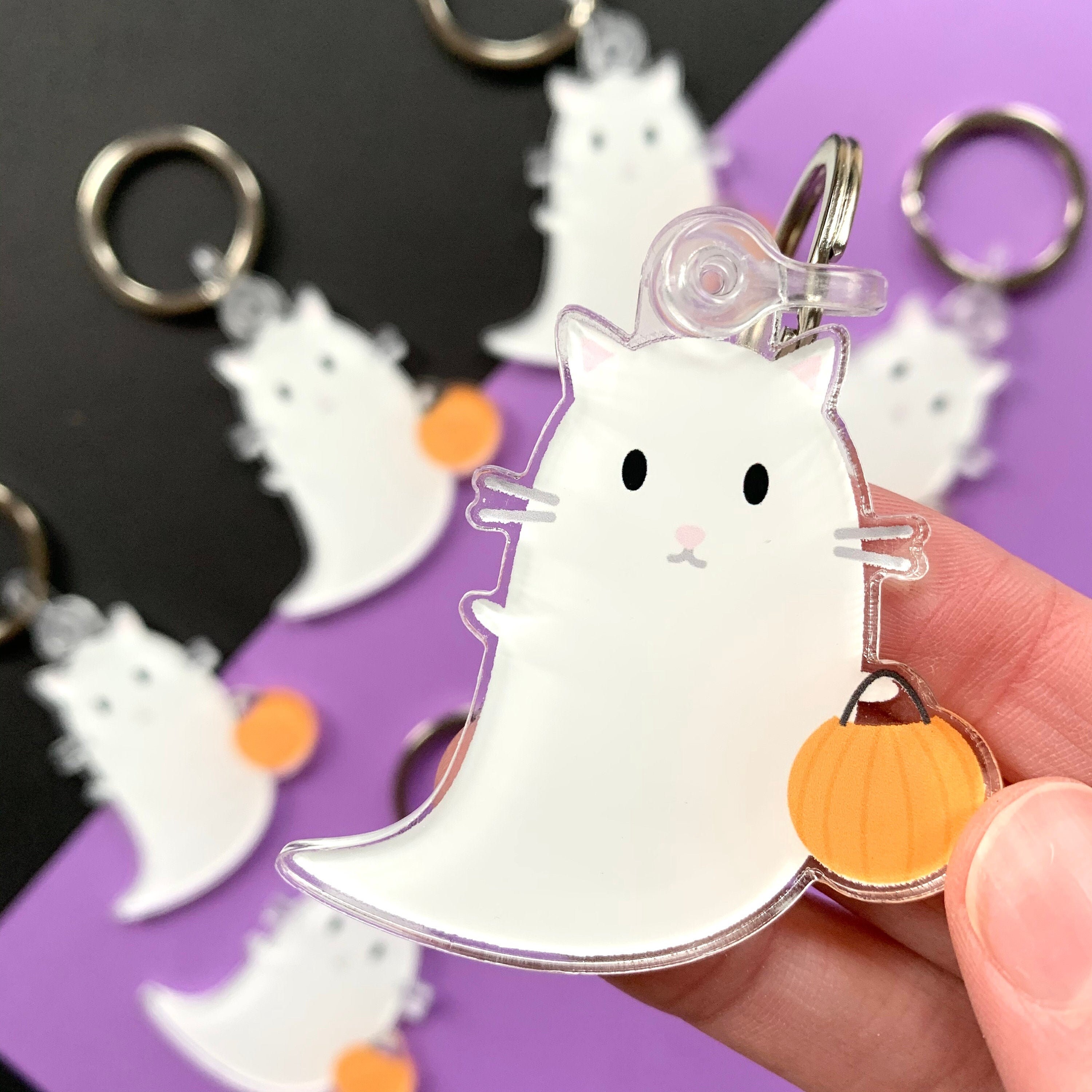 Cat Ghost Keychain Cat Keychains Halloween Keychains Etsy
