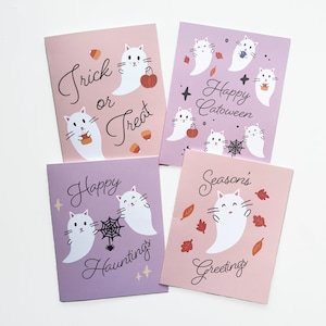 Conjunto de tarjetas de Halloween (4), Tarjetas de Halloween, Conjuntos de tarjetas, Tarjetas de felicitación de otoño, Tarjetas de gato fantasma, Tarjetas de Halloween de gato, Tarjeta fantasma de Halloween