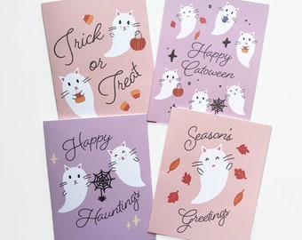 Ensemble de cartes d’Halloween (4), cartes d’Halloween, ensembles de cartes, cartes de vœux d’automne, cartes de chat fantôme, cartes d’Halloween de chat, carte fantôme d’Halloween