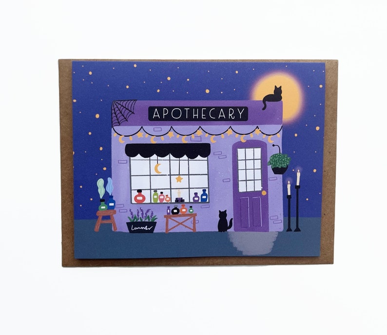 May include: A whimsical illustration of an apothecary shop at night. The shop is purple with a black cat on the roof and a full moon in the background. The word "APOTHECARY" is above the shop's entrance. The shop has a window with various bottles and jars.