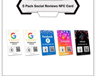 5 Pack Social Media NFC Cards: Google, Facebook, Instagram, TikTok