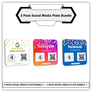 Pacote de 3 placas de mídia social | Placa NFC de avaliações do Google | Placa NFC do Facebook | Placa NFC do Instagram