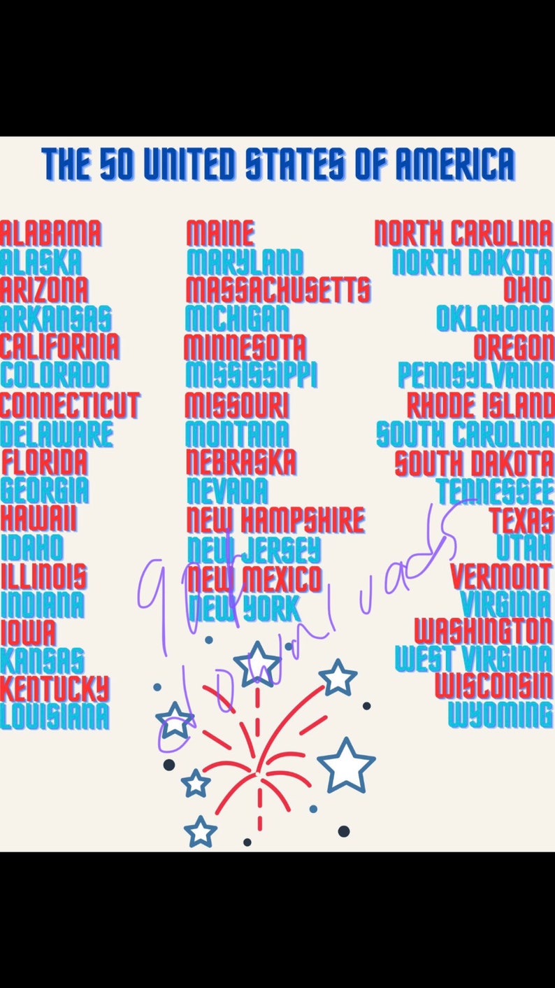 50 States List Printable, USA 50 States List Digital, 50 States List ...