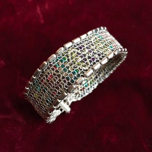 Beaded Silver Wire Crochet Cuff  Bracelet with silver beads and inlaidcolorful silk ribbon