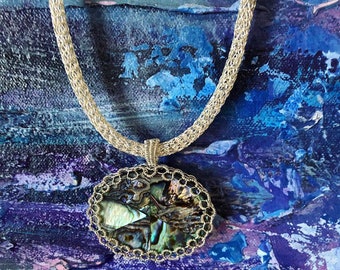 Silver Wire Crochet Necklace, Handmade Abalone Pendant