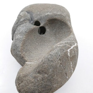 May include: A gray, weathered stone with two circular holes and a curved, bowl-like indentation. The stone has a rough texture and a natural, organic shape. White veins run across the surface of the stone.