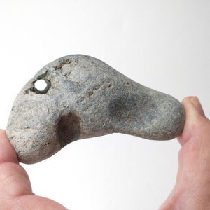 May include: A smooth, gray, naturally formed stone with a hole drilled through it. The stone is shaped like a bird's head.