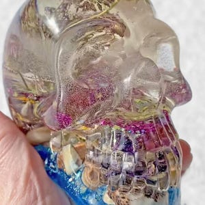 Resin Skull with Flowers and Seashells Foggy Nature Scenic Flower Skull Ocean Art Gift for Her One of a Kind Unique Office Gift for Friend