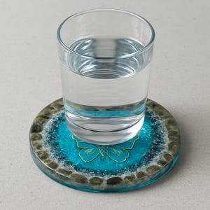 Beautiful Resin Coaster with Labradorite Flash Gemstones and Holographic Butterfly Room Home Decor Clear Gift for Friend Crystal Drink Tray