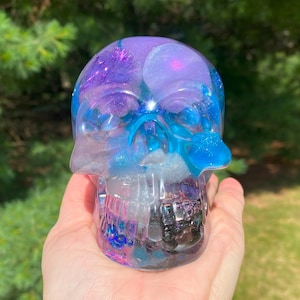Resin Skull Glow in the Dark Gift for Him Gift for Her Purple Blue Black Sparkle Glitter Globe Glowing Sphere Home Decor Macabre Decoration