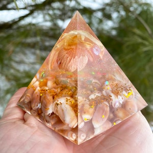 Peut inclure: Un presse-papier en résine transparent en forme de pyramide contenant une fleur séchée et des coquillages. Le presse-papier est rempli de paillettes dorées et a une teinte rose.